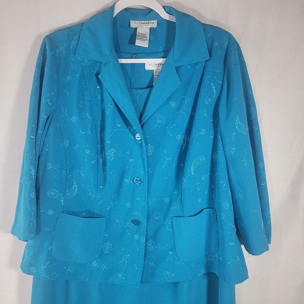 Vintage Sag Harbor 2 Pc Jacket Dress Set Plus Size 20W Teal Blue Embroidered